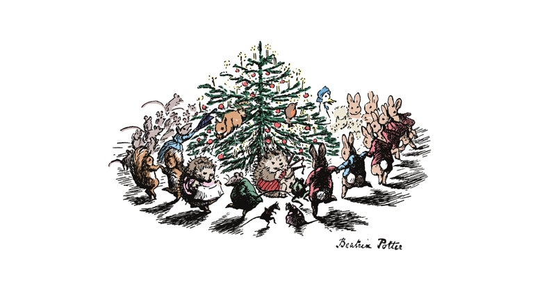 Ilustration of Beatrix Potter's characters dancing around a Christmas tree.